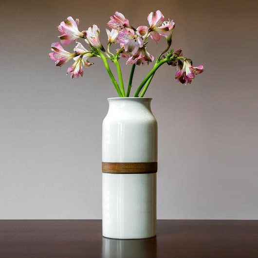 The Vega Vase Pet Urn in White with Dark Wood
