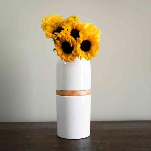 The Vega Vase Pet Urn in White with Light Wood