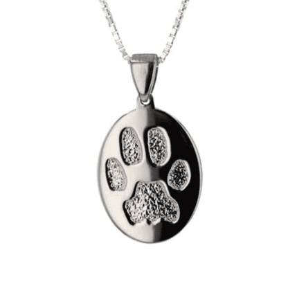 GIF of silver pendant with paw print. 