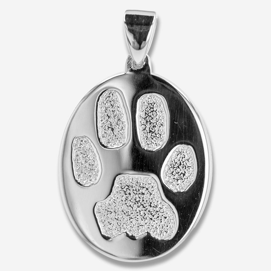 Silver pendant with paw print design on a white background