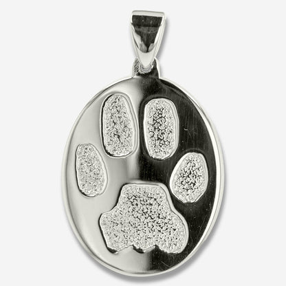 Silver pendant with paw print design on a white background