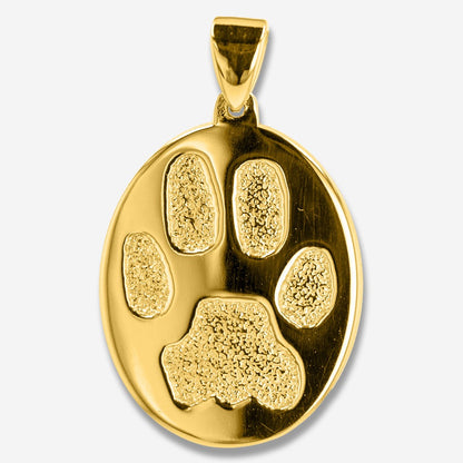 Gold pendant with a paw print design on a white background