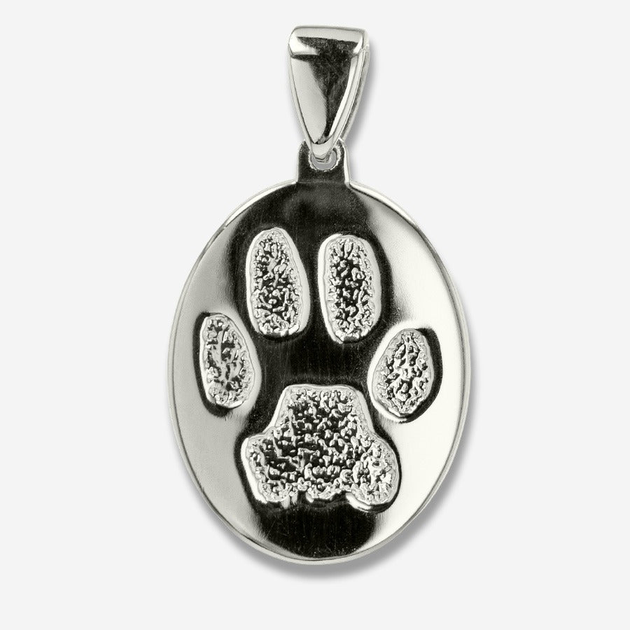 Silver pendant with a paw print design on a white background