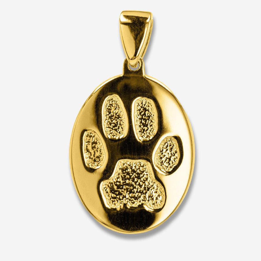 Gold pendant with a paw print design on a white background