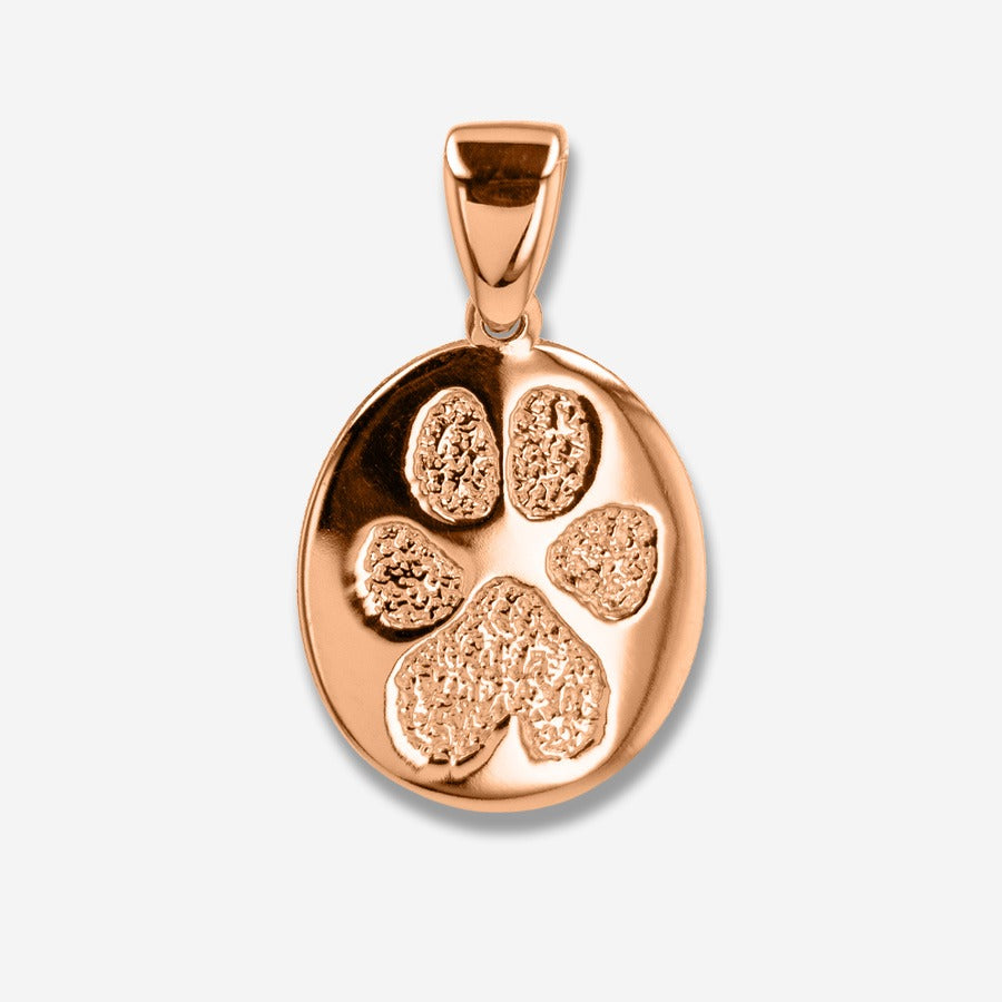 Rose gold pendant with paw print design on a light gray background