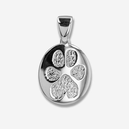 Silver pendant with paw print design on a white background