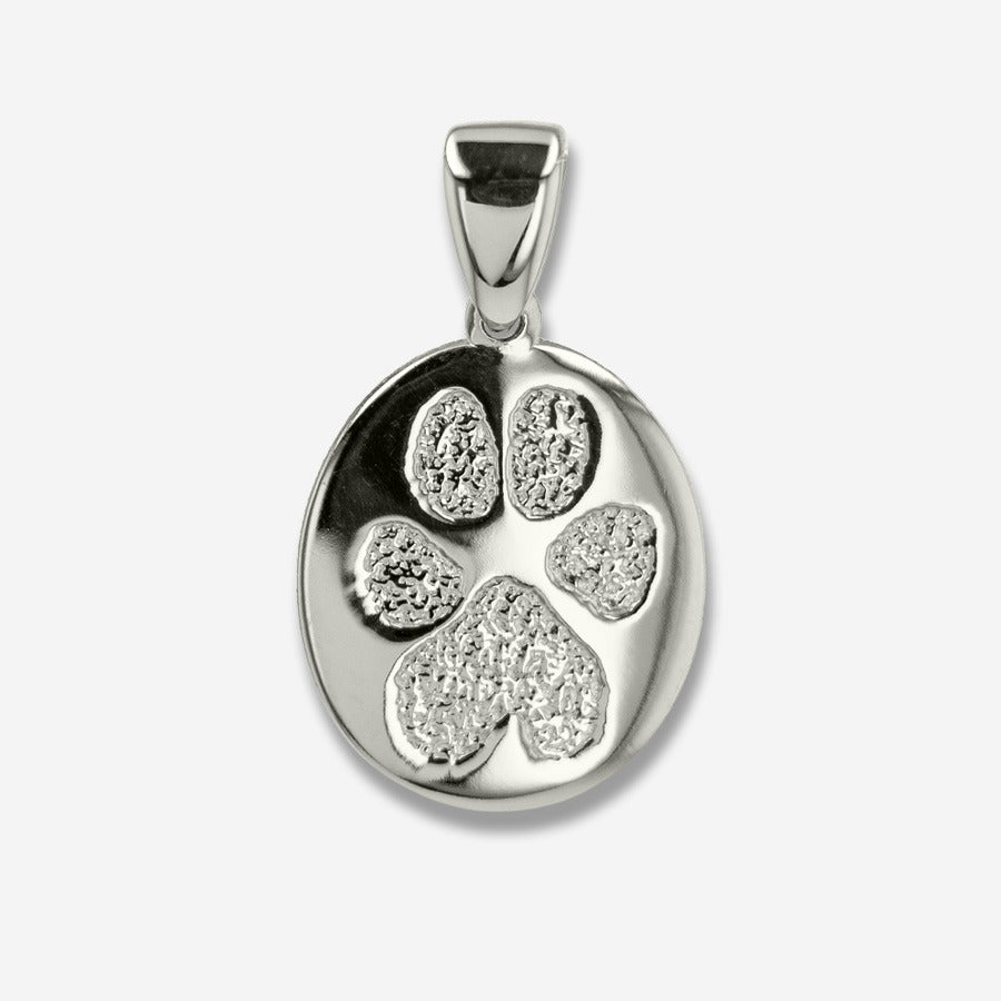Silver pendant with paw print design on a white background