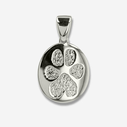 Silver pendant with paw print design on a white background