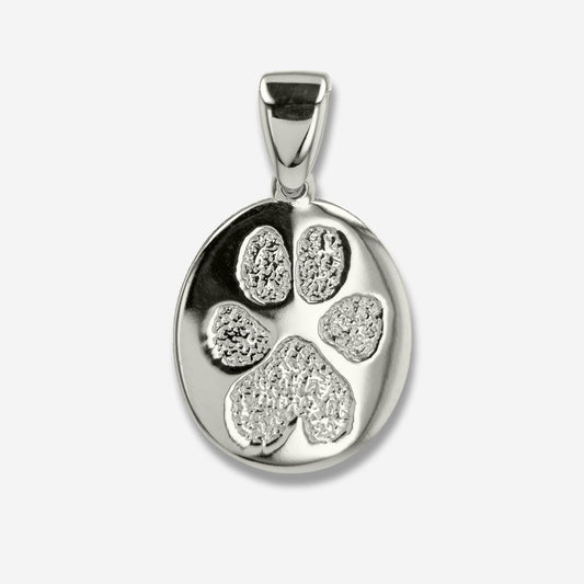 Silver pendant with paw print design on a white background