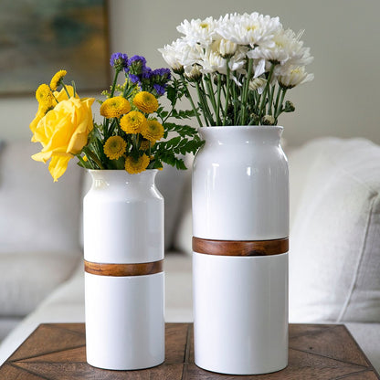 The Vega Vase Pet Urn in White with Dark Wood