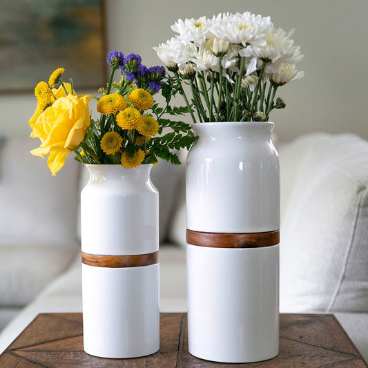 The Vega Vase Pet Urn in White with Dark Wood