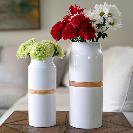 The Vega Vase Pet Urn in White with Light Wood