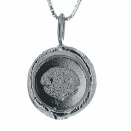 GIF of Silver pendant with note print design on a white background. 