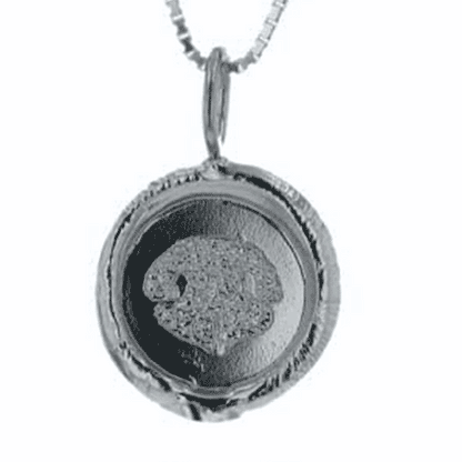 GIF of Silver pendant with note print design on a white background. 