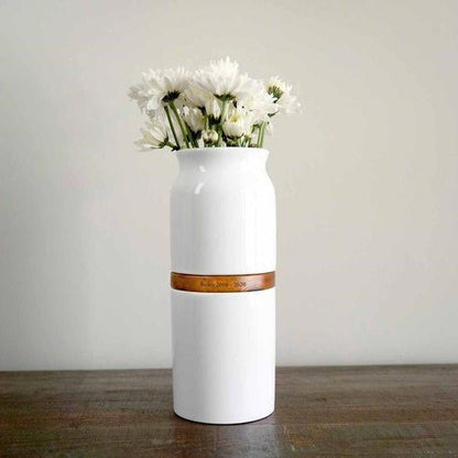 The Vega Vase Pet Urn in White with Dark Wood - Love, Baxter